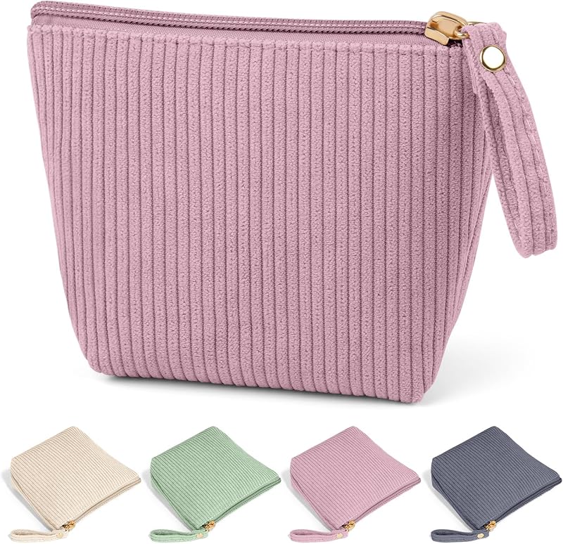 Necessaire de maquiagem MAGEFY em veludo cotelê, rosa, mini, com bolsos internos e zíper