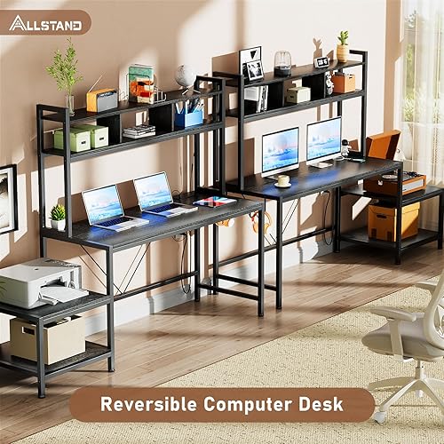 Miniatura 4 de ALLSTAND Escritorio para computadora con soporte de impresora y gabinete, escritorio de juegos de 69 pulgadas con luces LED y tomas de corriente,
