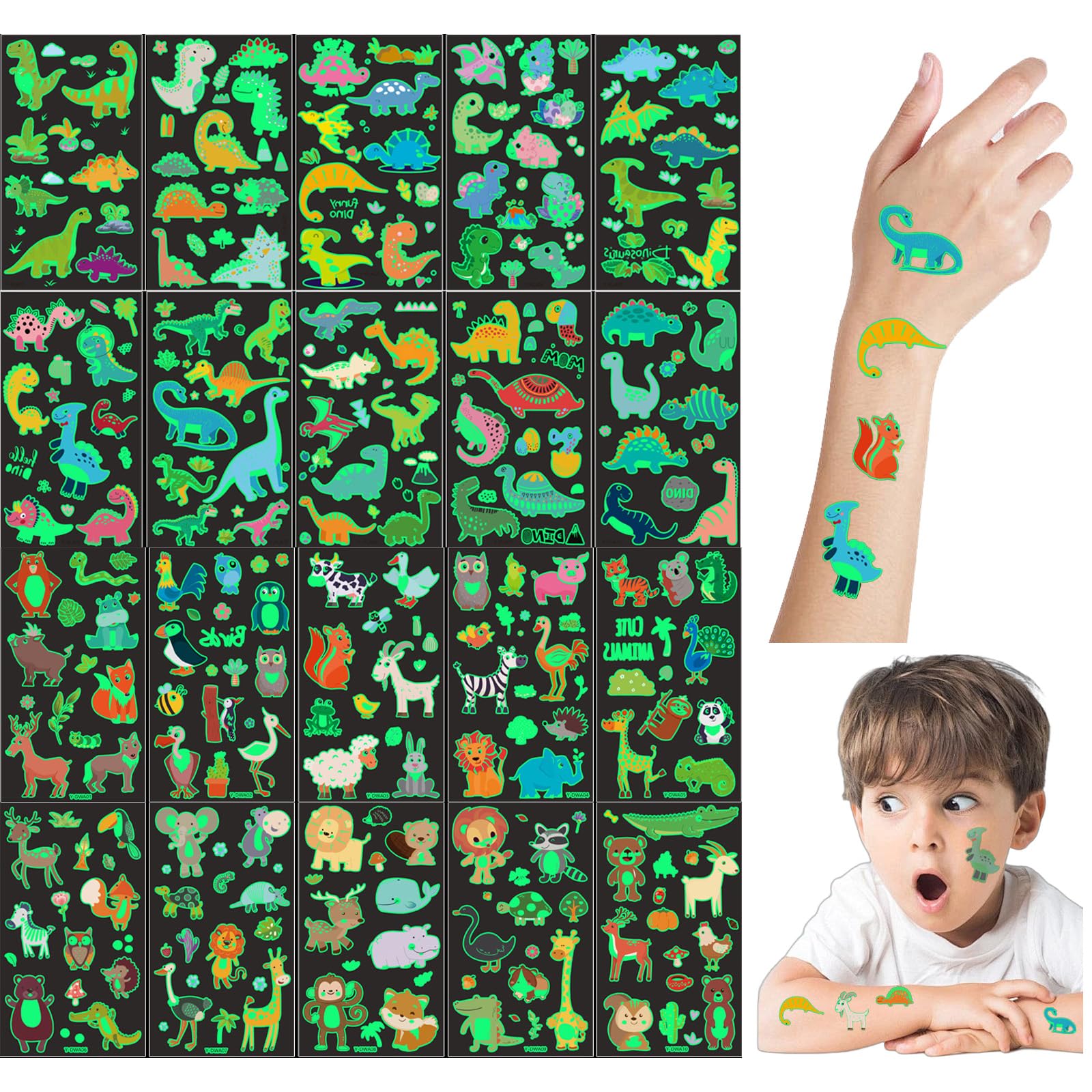 Luminosi Tatuaggi Per Bambini, 20 Fogli Tatuaggi Temporanei Motivi Dinosauro e Animale, Tatoo Bambini Impermeabili per Ragazzi Ragazze, Tatuaggio per Compleanno Festa Regalo