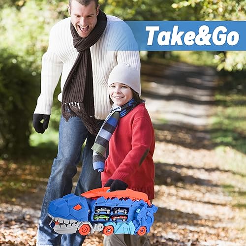 Miniatura 6 de Camión de dinosaurio de transporte con pista de carreras plegable deslizante de 25 pulgadas, se transforma en T-rex de pie, almacena 12 autos de