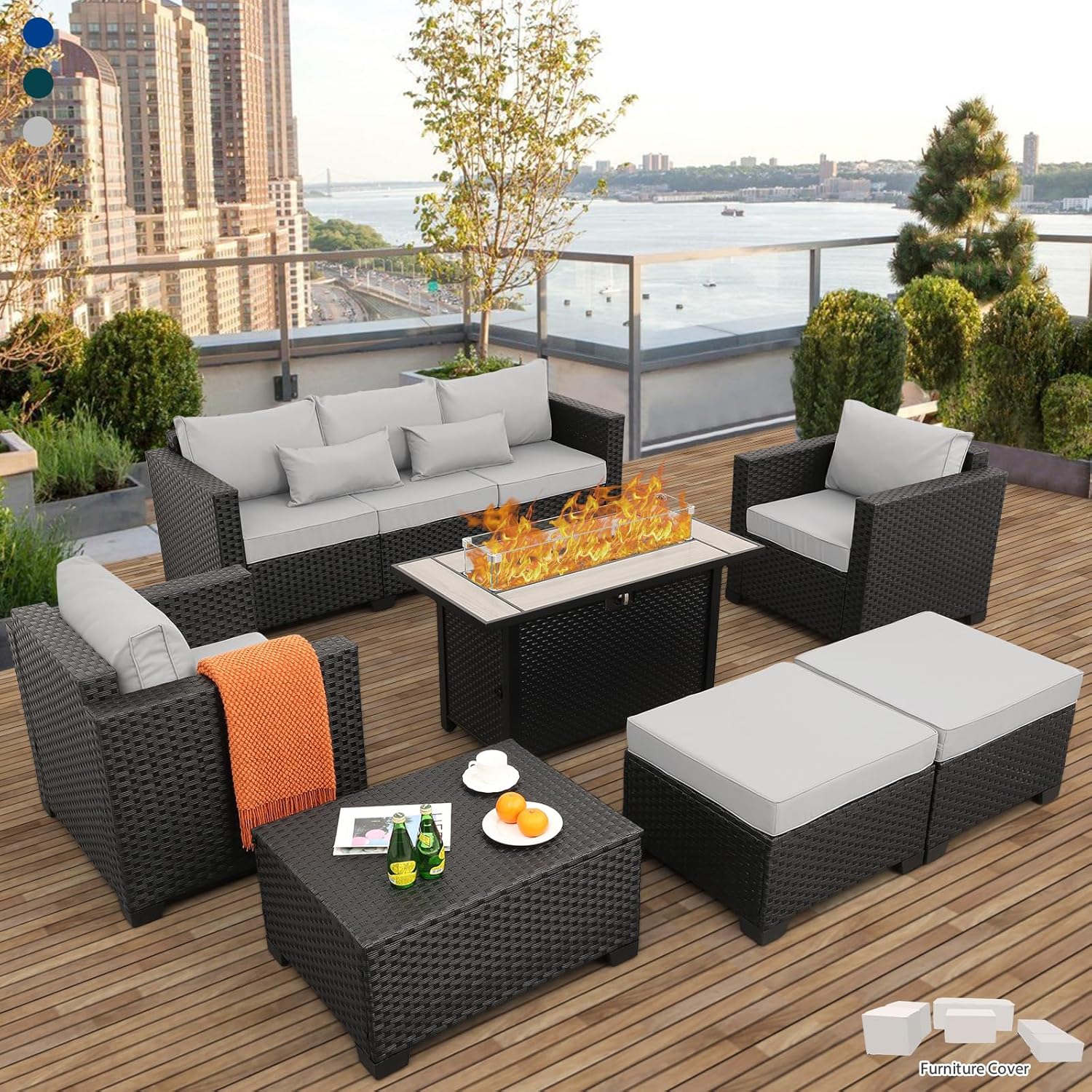 Rattaner 7-Piece Patio Furniture Set with 45" 60,000 BTU Propane Fire Pit Table, Light Grey Outdoor Conversation Set w/ Anti-Slip Cushions & Waterproof Covers