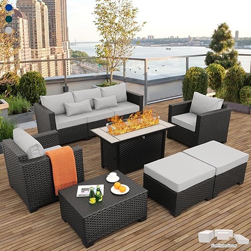 Patio Furniture Set 45 In Outdoor Fire Pits 6 Pieces Outdoor Patio Furniture 60000 BTU Outdoor Propane Fire Pit Table Patio Sofa Outdoor Chairs Anti-slip Cushions Waterproof Covers, Light Grey