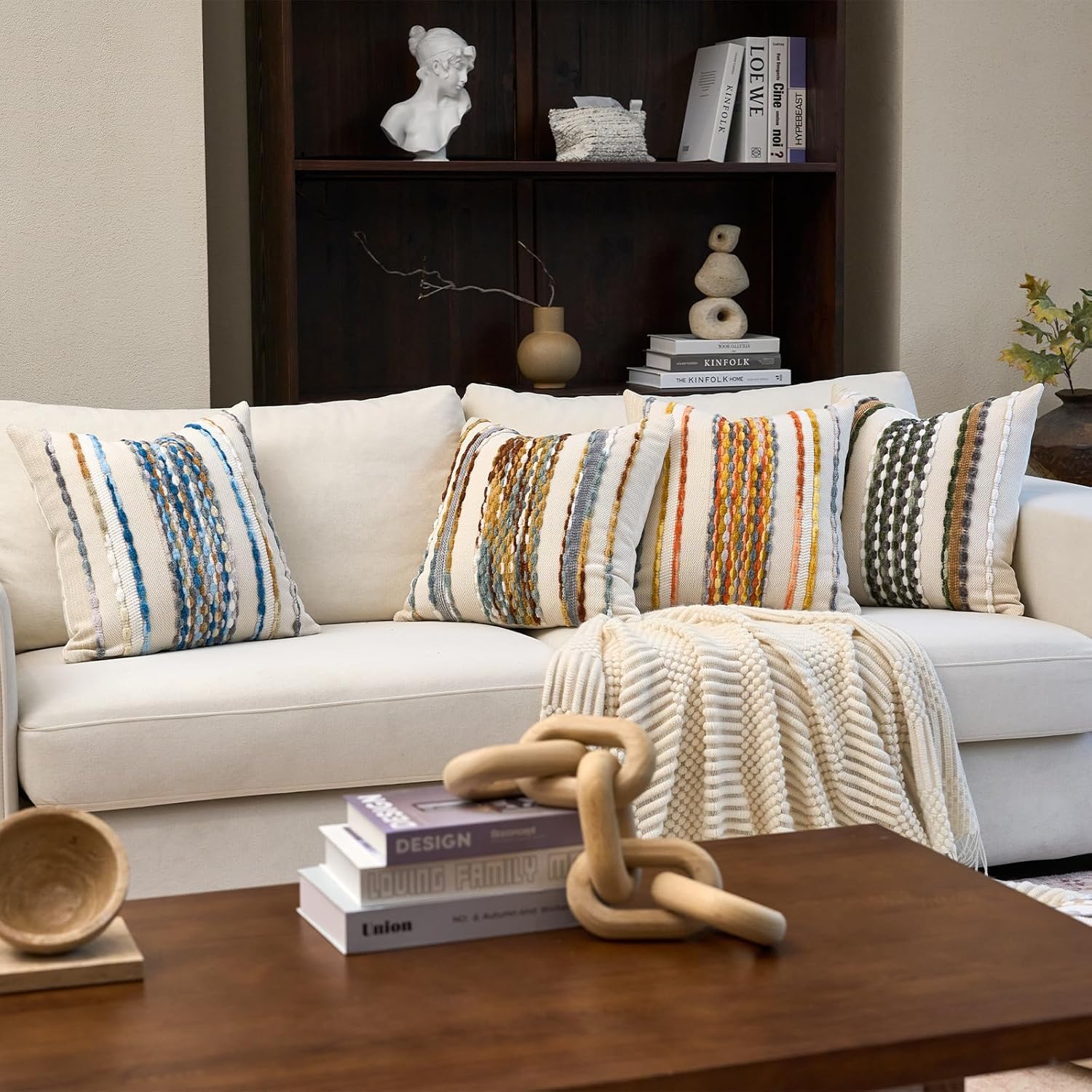 Aeckself Boho Pillow Covers 18x18 Inch Set of 2, Farmhouse Decorative Striped Square Chenille Tufted Accent Neutral Throw Pillow Covers for Living Room Couch Bed, Orange White - Image 6