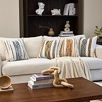 Vista 6 de Aeckself Boho Pillow Covers 18x18 Inch Set of 2, Farmhouse Decorative Striped Square Chenille Tufted Accent Neutral Throw Pillow Covers for Living