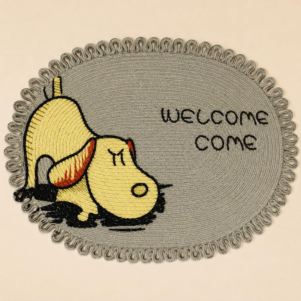 Cotton Door Mat with Welcome Come Dog Design, Oval | Braided Cotton, Decorative Border-image-24