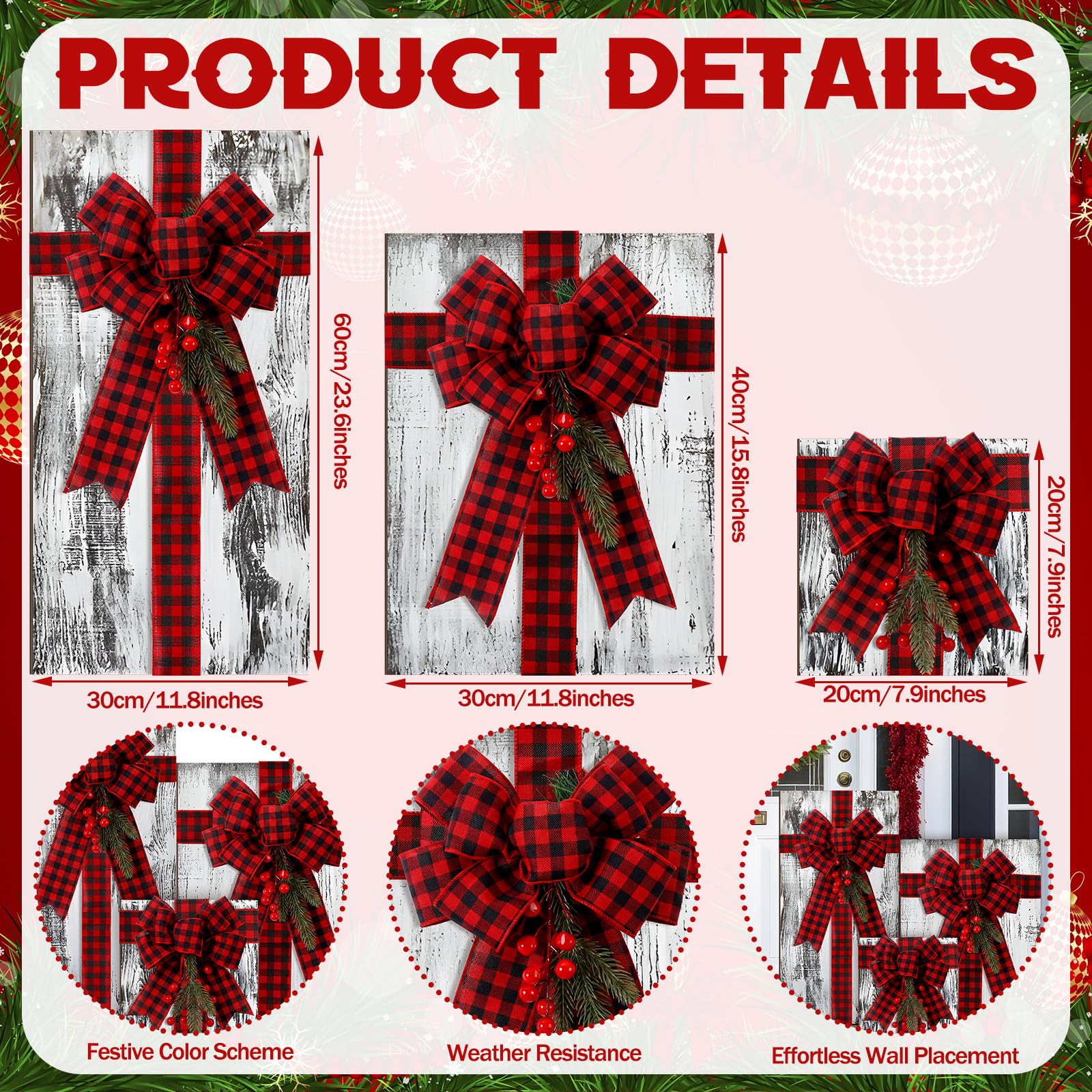 Weysat Lot de 3 grandes boîtes cadeaux de Noël en bois rustiques avec nœud papillon pour porte d'entrée extérieure et cour (blanc)