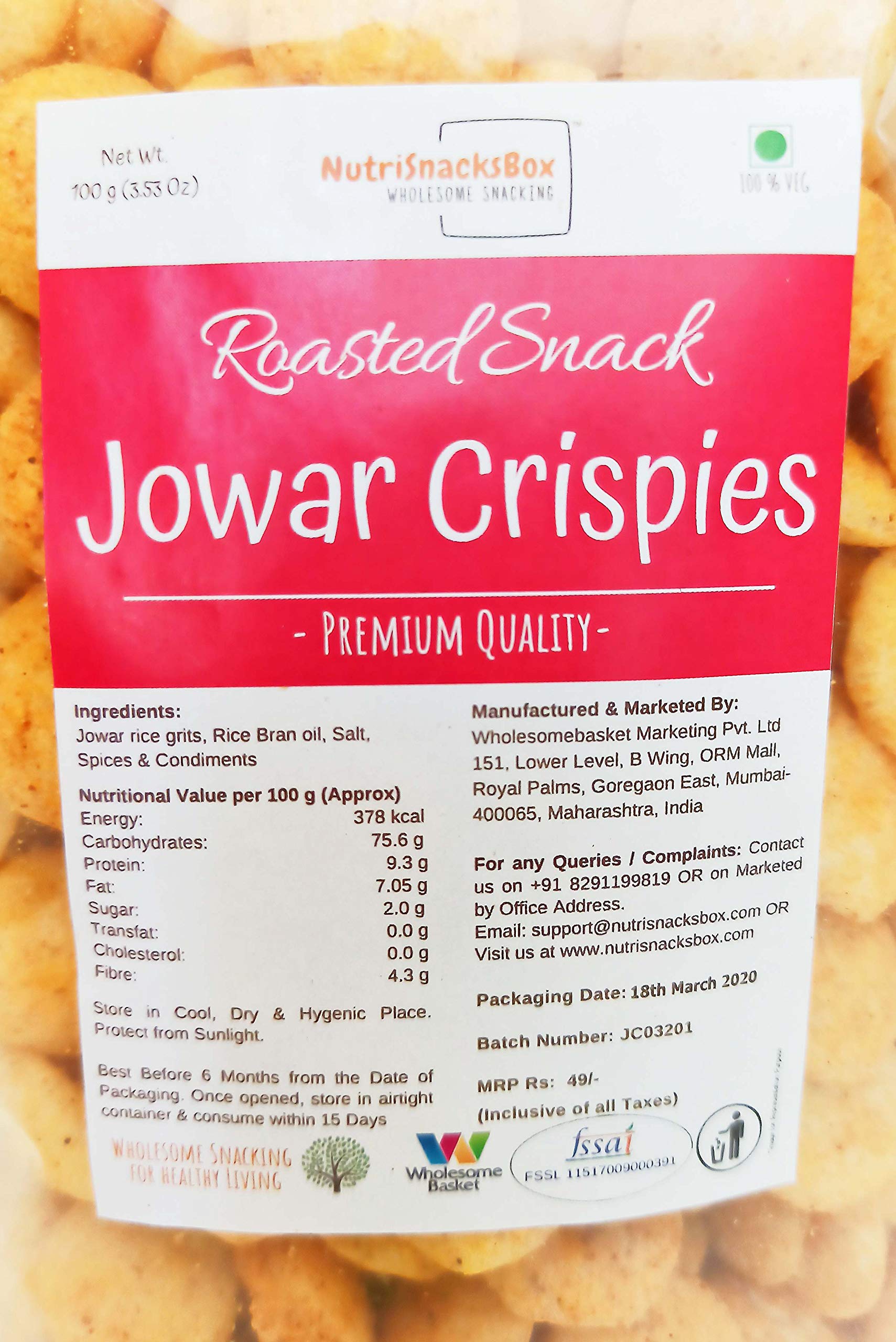 Nutrisnacksbox Gluten-Free Crunchies Jowar Puffs (Pack of 4, 100gm x 4) | Roasted and Baked, Jowar Pops, Healthy Snack, High Nutrition, Low Calorie, Low Sugar, Low Fat, Firbre Rich, Protein Rich