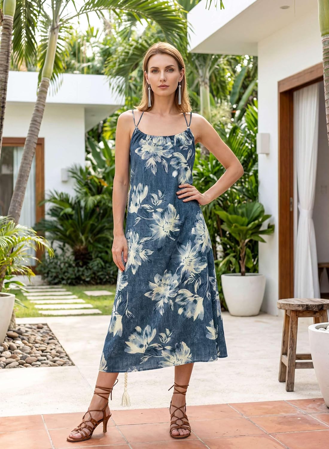 VFSHOW Womens Summer Halter Scoop Neck Casual Loose Sundress Spaghetti Strap Pocket Beach Vacation A Line Long Cami Dress