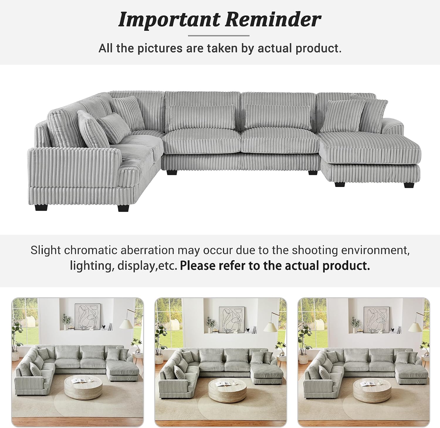 Yoglad 129’’ U Shaped Corner Sectional Couch, 5 Seat Oversized Furry Corduroy Sofa, Large Furniture with Chaise Lounge Furniture for Apartment Living Room (Grey)