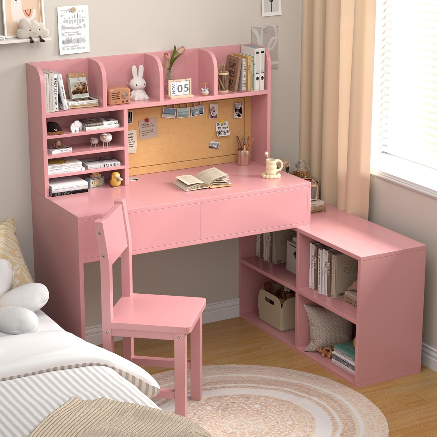 Wooden Pink Kids Study Desk and Chair Set, 2 Drawers and 4 Large Storage Cabinets, Children Corner Desk with 4 Open Hutch and Shelves, Girls Study Desks for Kids Bedroom