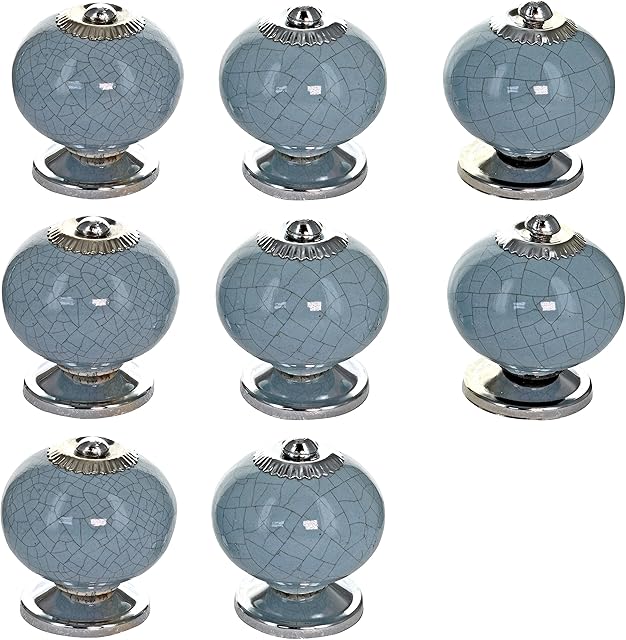 G Decor Blue-Grey Crackle Handmade Design Round Ceramic Door Knobs, Vintage, Shabby Chic, Interior Furniture, Cabinet Wardrobe Cupboard Drawers Pulls Handles (8-Pack)