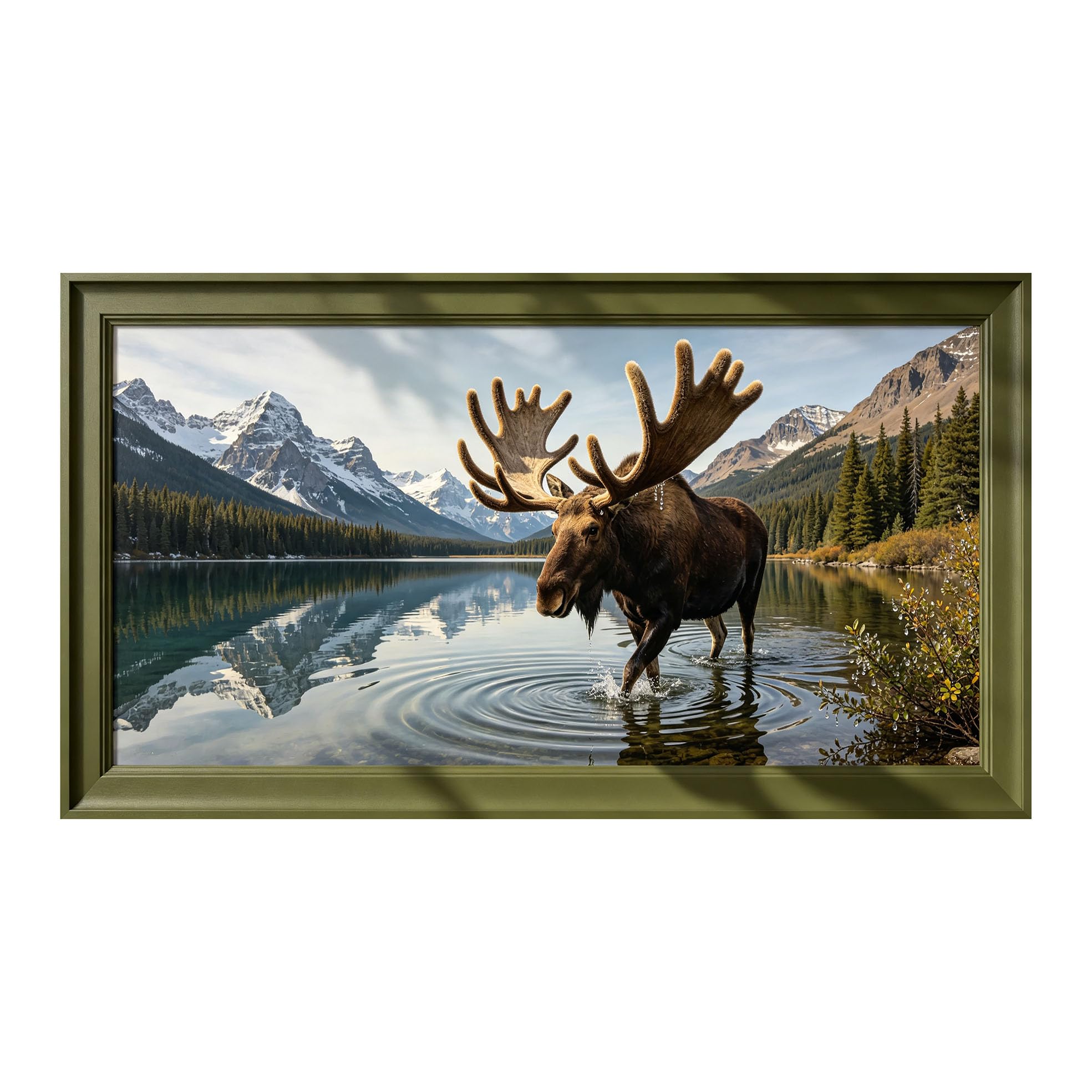 Yzpallescene 3D Framed Wall Art 50cm×100cm Moose Mountain Lake Landscape Realistic Panoramic Large Size SelfAdhesive Removable Wall Decor Prints Artwork for Living Room Bedroom Office