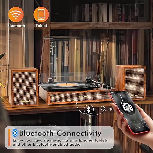 Miniatura 2 de Tocadiscos de vinilo con altavoces externos, tocadiscos estéreo vintage de 3 velocidades para discos de vinilo, entrada Bluetooth, parada automática