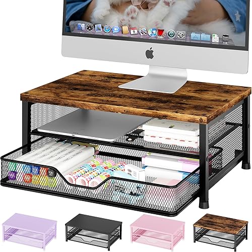OPNICE Soporte elevador de madera para monitor de computadora, organizador de escritorio con cajón, soporte para laptop, accesorios de escritorio de