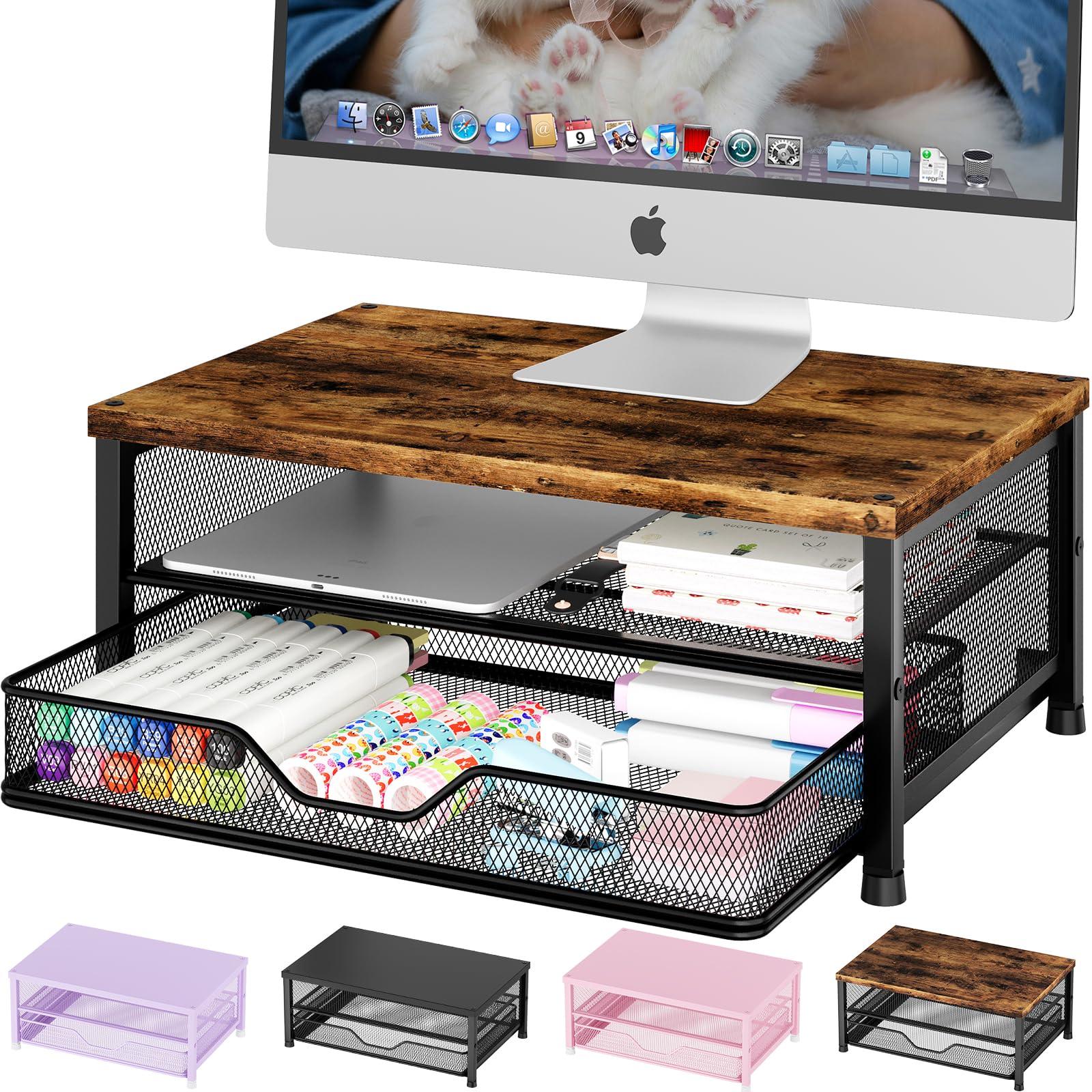 OPNICE Wood Computer Monitor Stand Riser, Desk Organizer with Drawer, Laptop Stand, Office Desk Accessories &amp; Workspace Desktop Organizers Storage for Office Supplies(Brown)