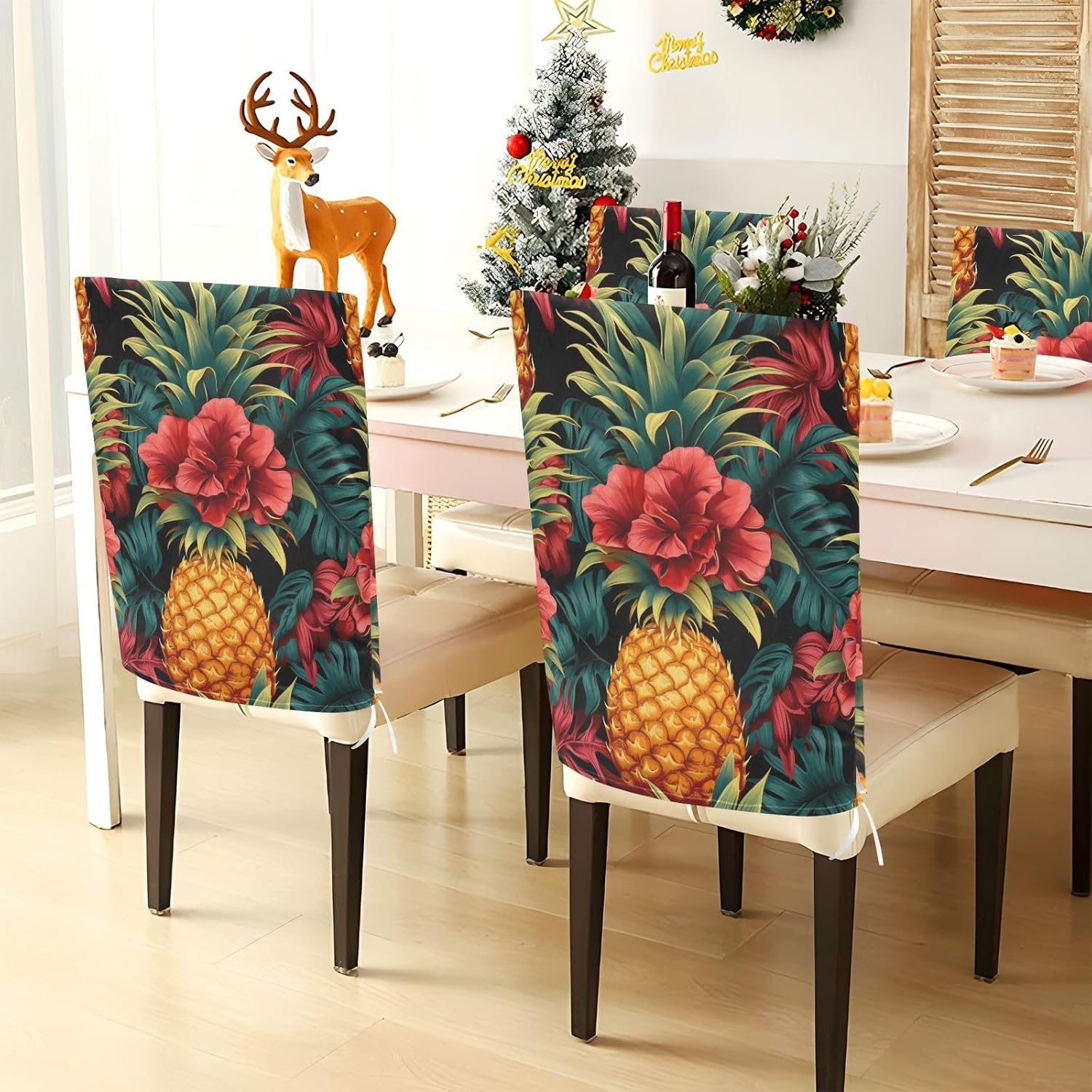 ALAZA Pineapple Tropical Flowers Chair Back Cover Set of 6, Washable Reusable Removable Chair Slipcovers Decorative Chair Cover for Home Kitchen Wedding Party