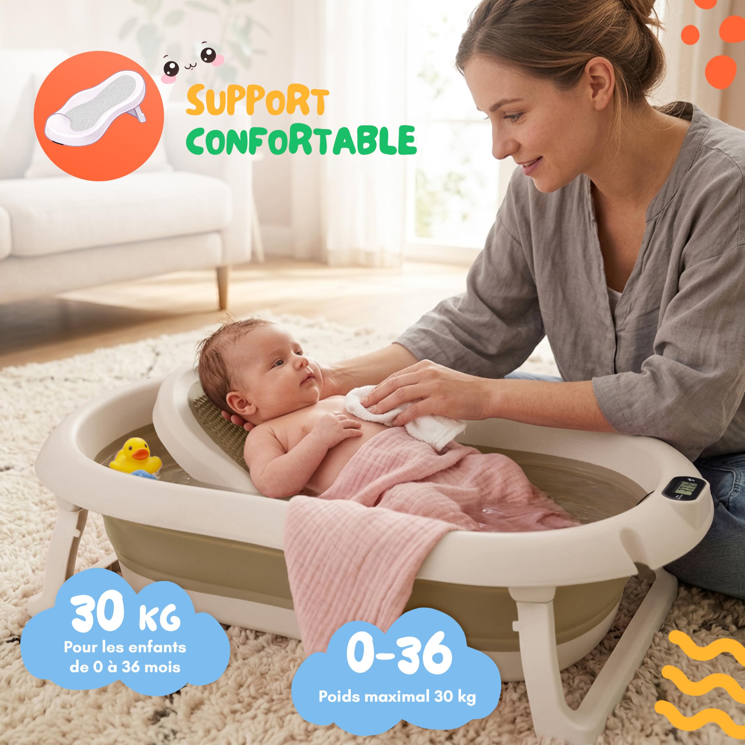 Baignoire bébé pliable 80 cm avec thermomètre et siège de bain antidérapante 0-36 mois