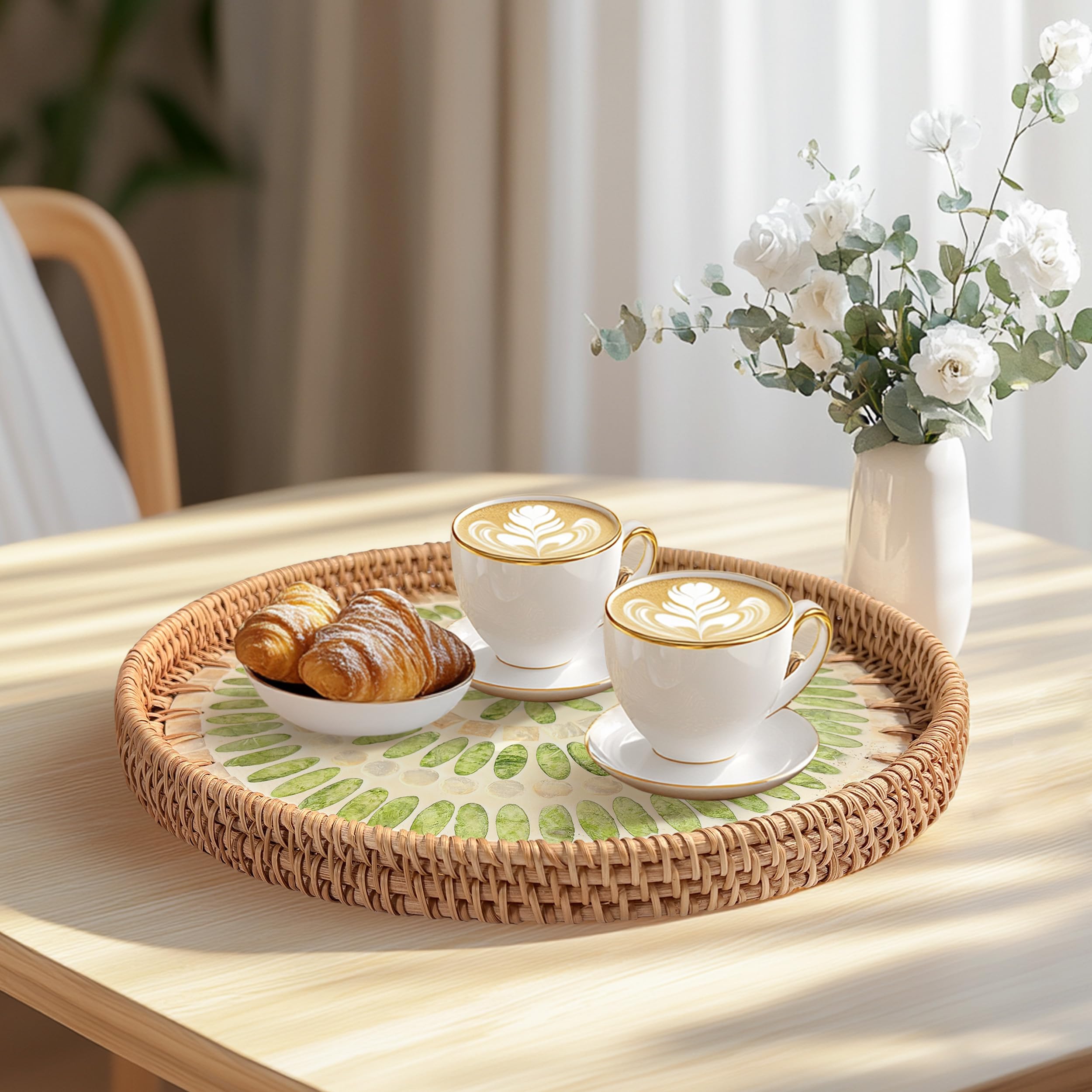 Bandeja redonda grande de ratán de 13.8 pulgadas con incrustaciones de nácar, bandeja tejida de mimbre, bandeja redonda decorativa para servir mesa de café, decoración del hogar, 6 posavasos redondos