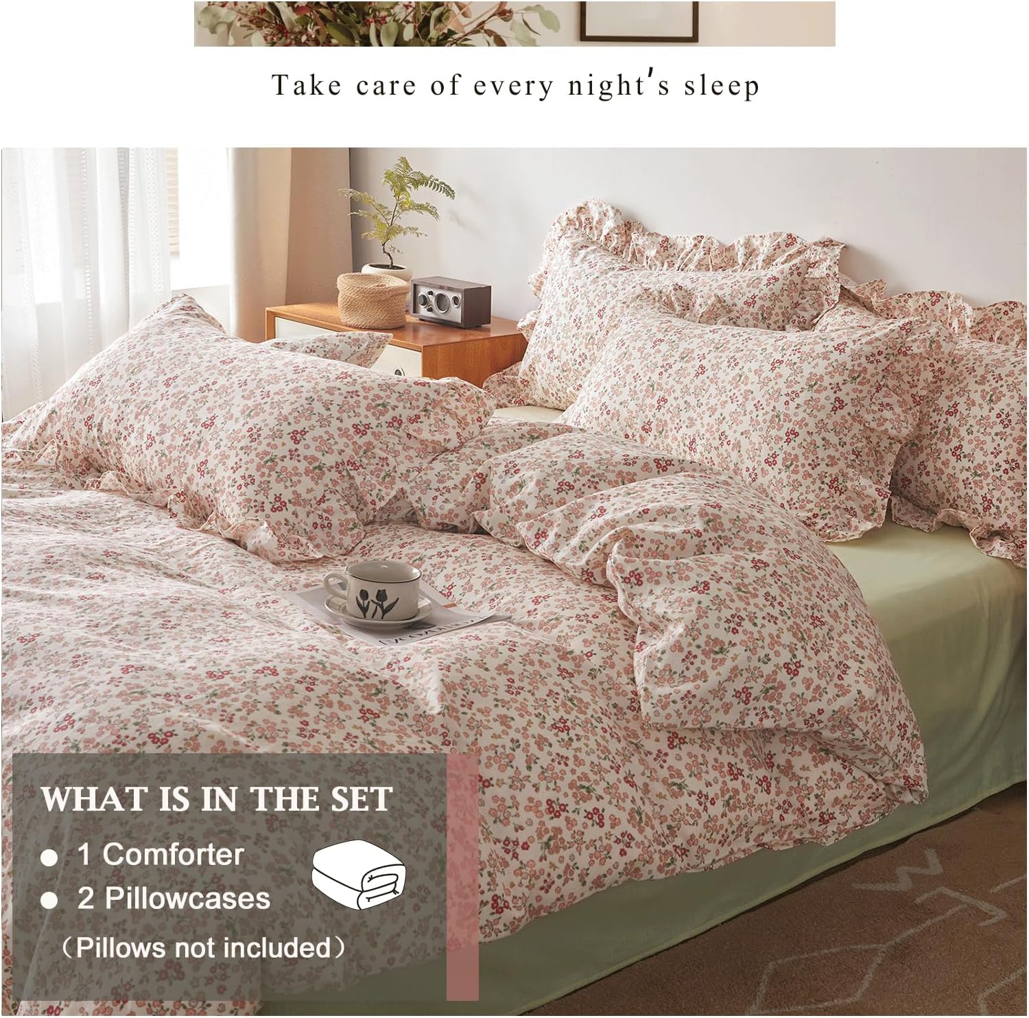 VM VOUGEMARKET Girls Comforter Set with Pink Red Flower Pattern Elegant Floral Bedding Comforter with 2 Ruffle Pillow Shams Cottagecore Comforter Set (3 pcs,Twin XL) - Image 2