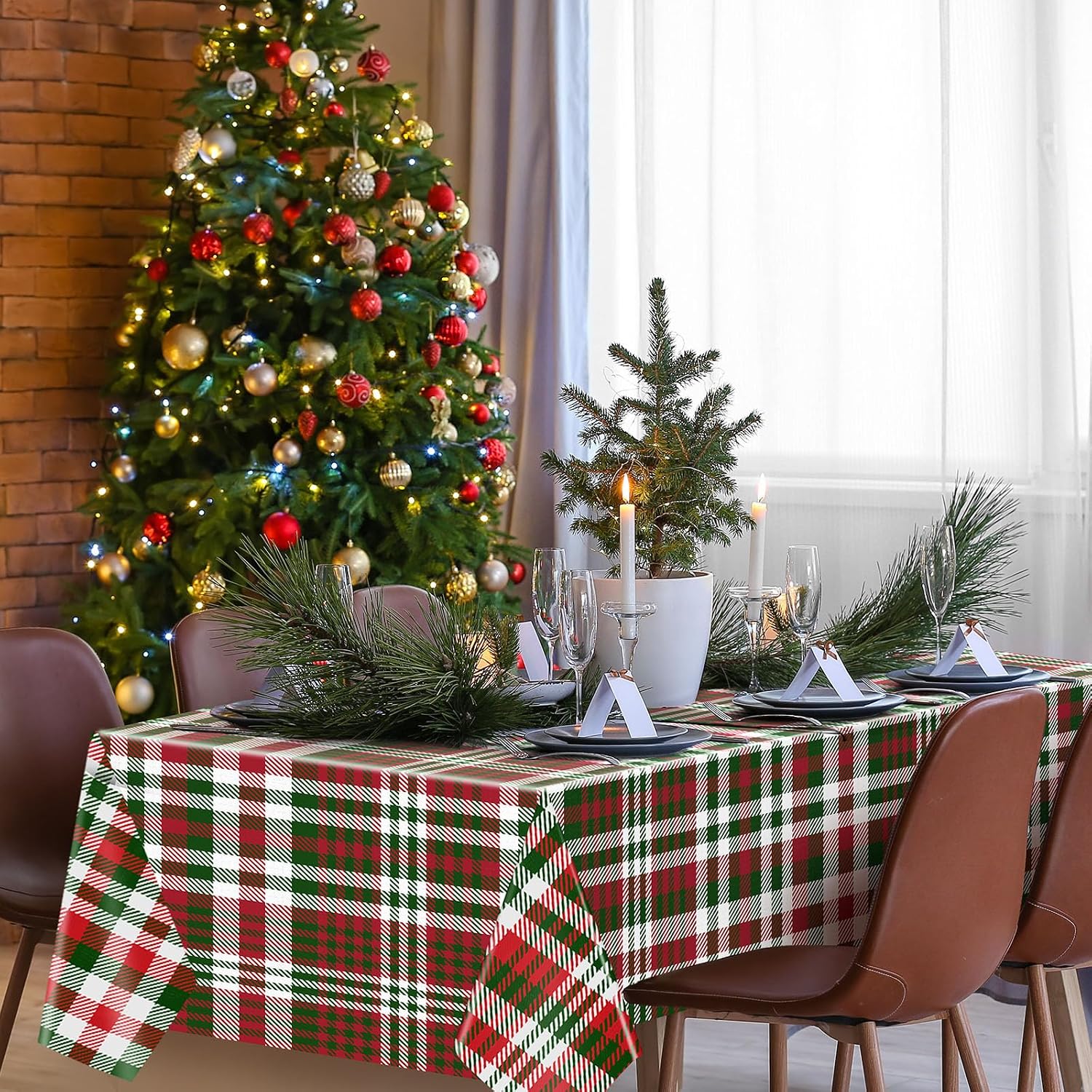Panelee 4 Pcs Christmas Plastic Buffalo Plaid Tablecloth 54" x 108" Checkered Party Tablecloth Decorations Xmas Rectangle Table Cover Backdrop for Christmas Holiday Wedding Decor Supplies (Fresh)