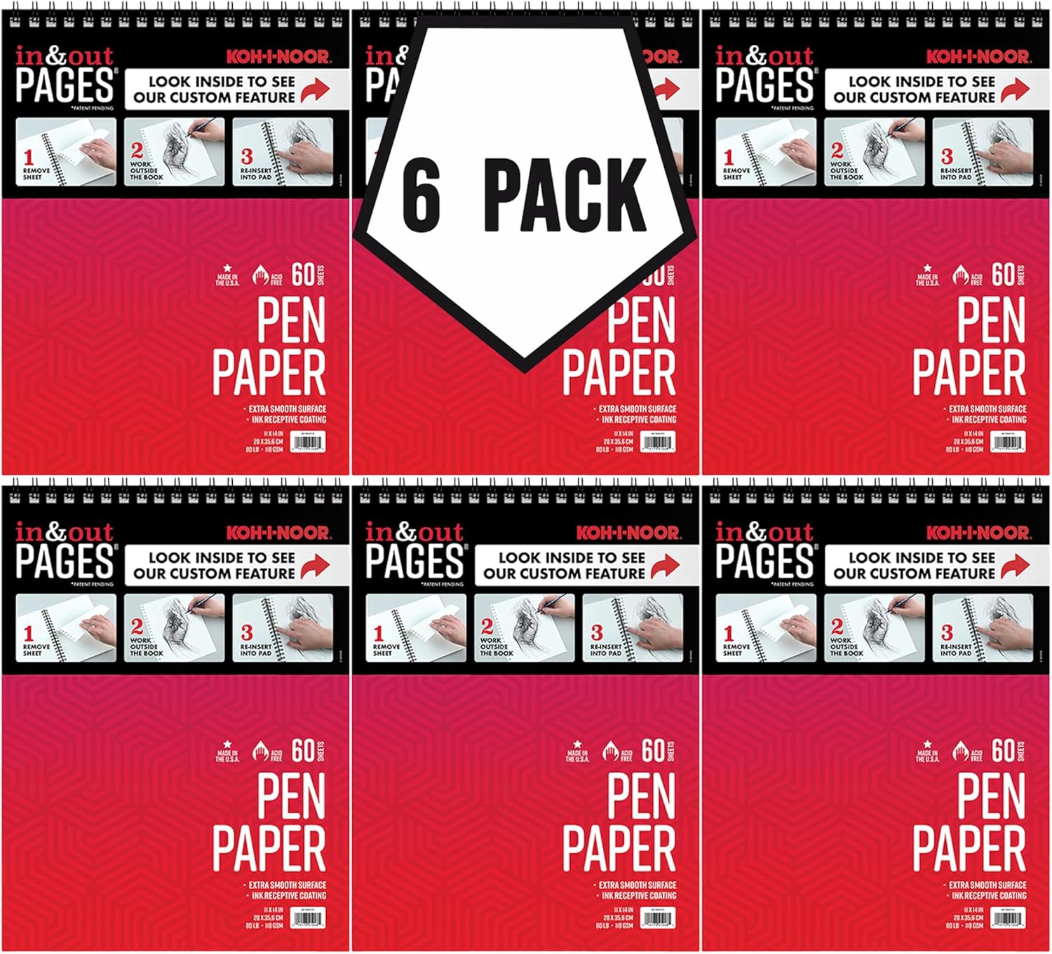 Koh-I-Noor 11" x 14" Pen Paper Bright White Smooth Paper Pad with Ink Block Panel, 80 lb. / 118 GSM, 60 Sheets/Pad, 6-Pack