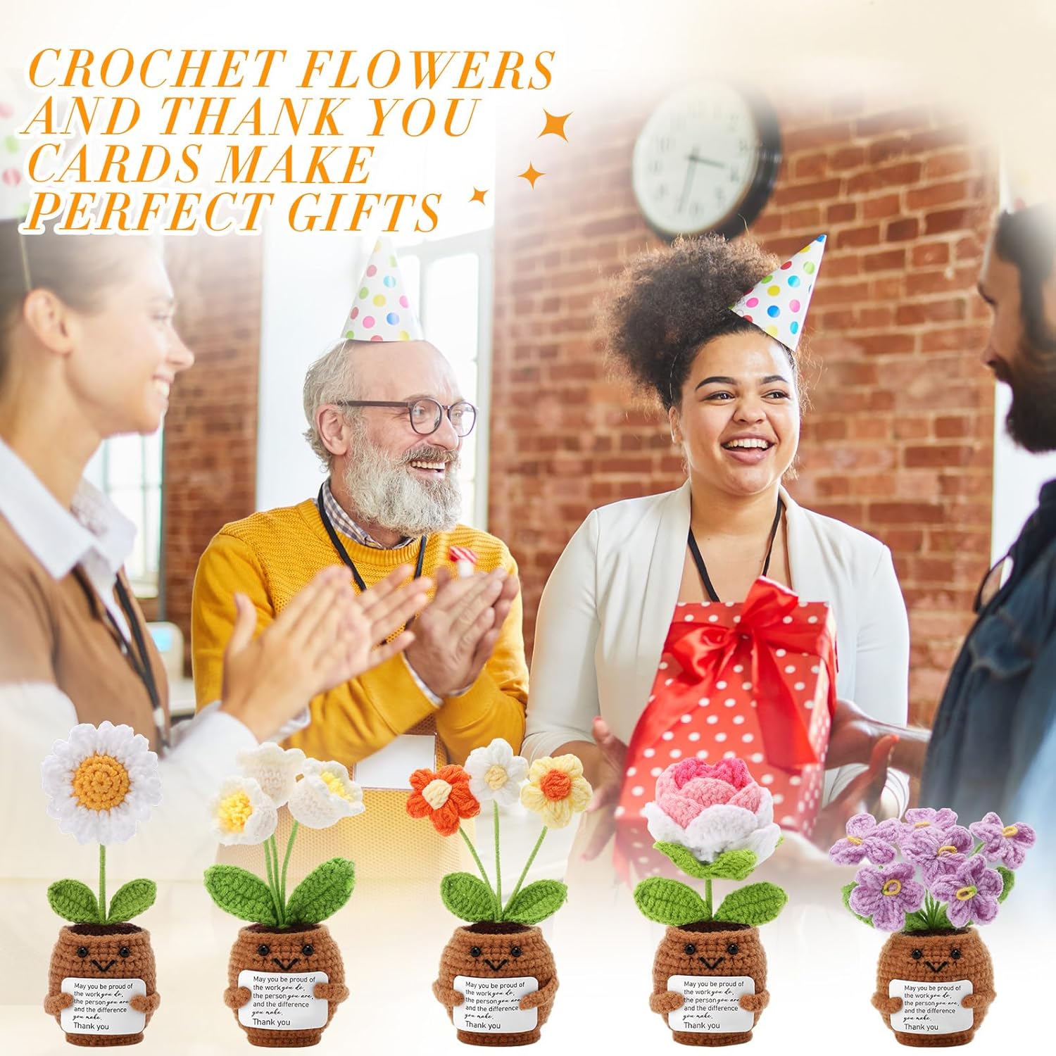 Geelin 6 Sets Positive Employee Appreciation Mini Crochet Flower Potted Doll with Card Emotional Rose Daisy Crochet Support Thank You Plants May You Positive Gift for Women Coworker Employee Teacher