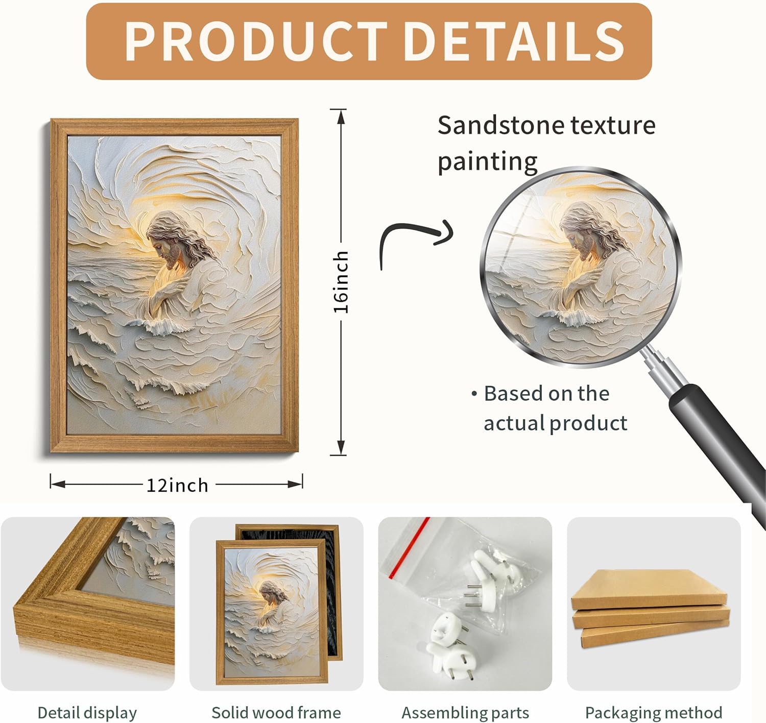 Framed 3D Textured Christian Jesus Canvas Wall Art, Jesus With Golden Halo Wall Decor Paintings, Religious Bible Posters Prints Pictures Artwork for Church Living Room Bedroom Home Decor 12x16 Inch