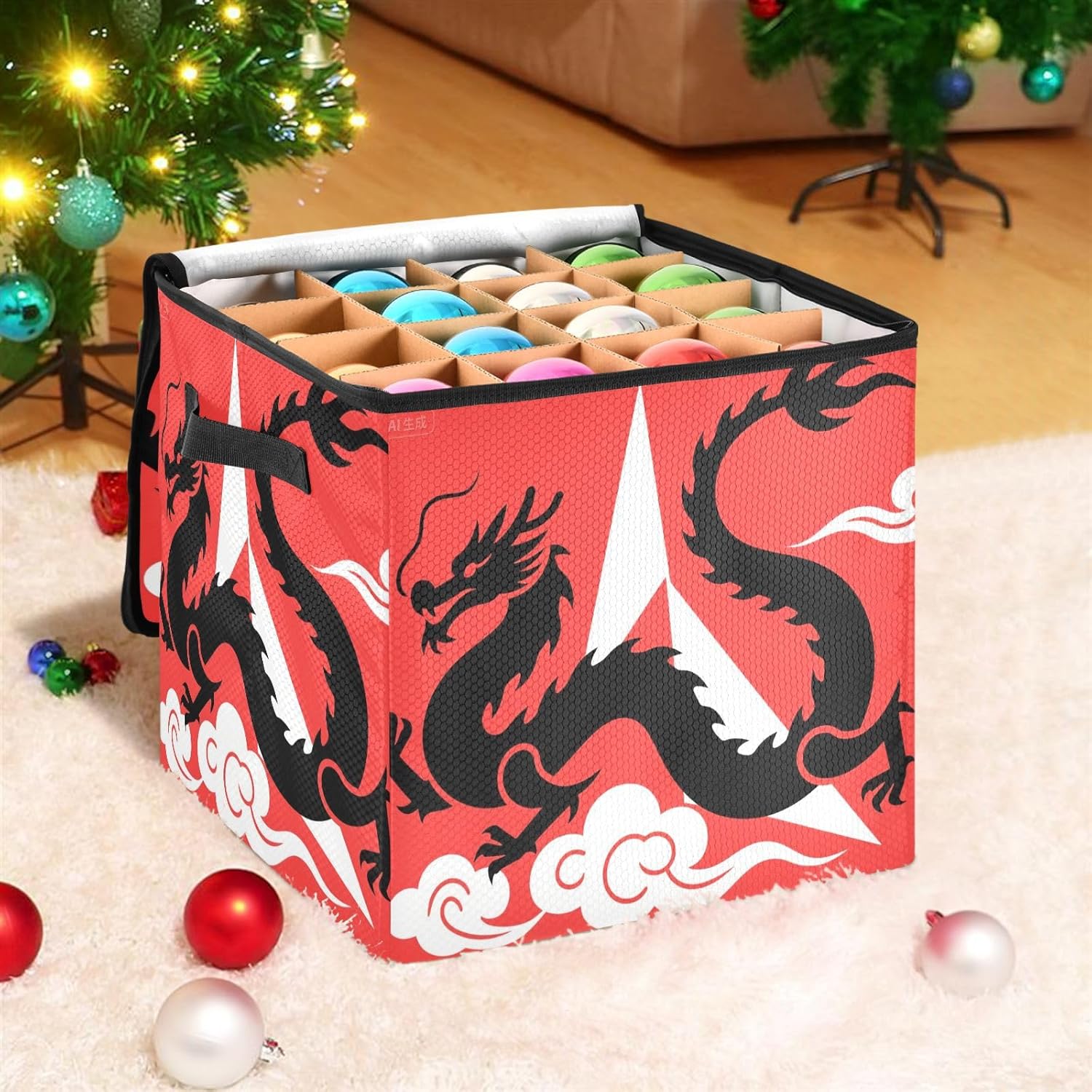 High Capacity Christmas large ornament storage Holds Up to 64, Adjustable Dividers, Zippered Top, Two Handles foldable Holiday Storage Case with Lid,Red Dragon Black