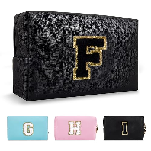 Miniatura 317 de Bolsa de maquillaje personalizada con inicial A-Z Preppy Patch, pequeña bolsa de cosméticos de PU con letra de chenilla y cierre para niñas Negro