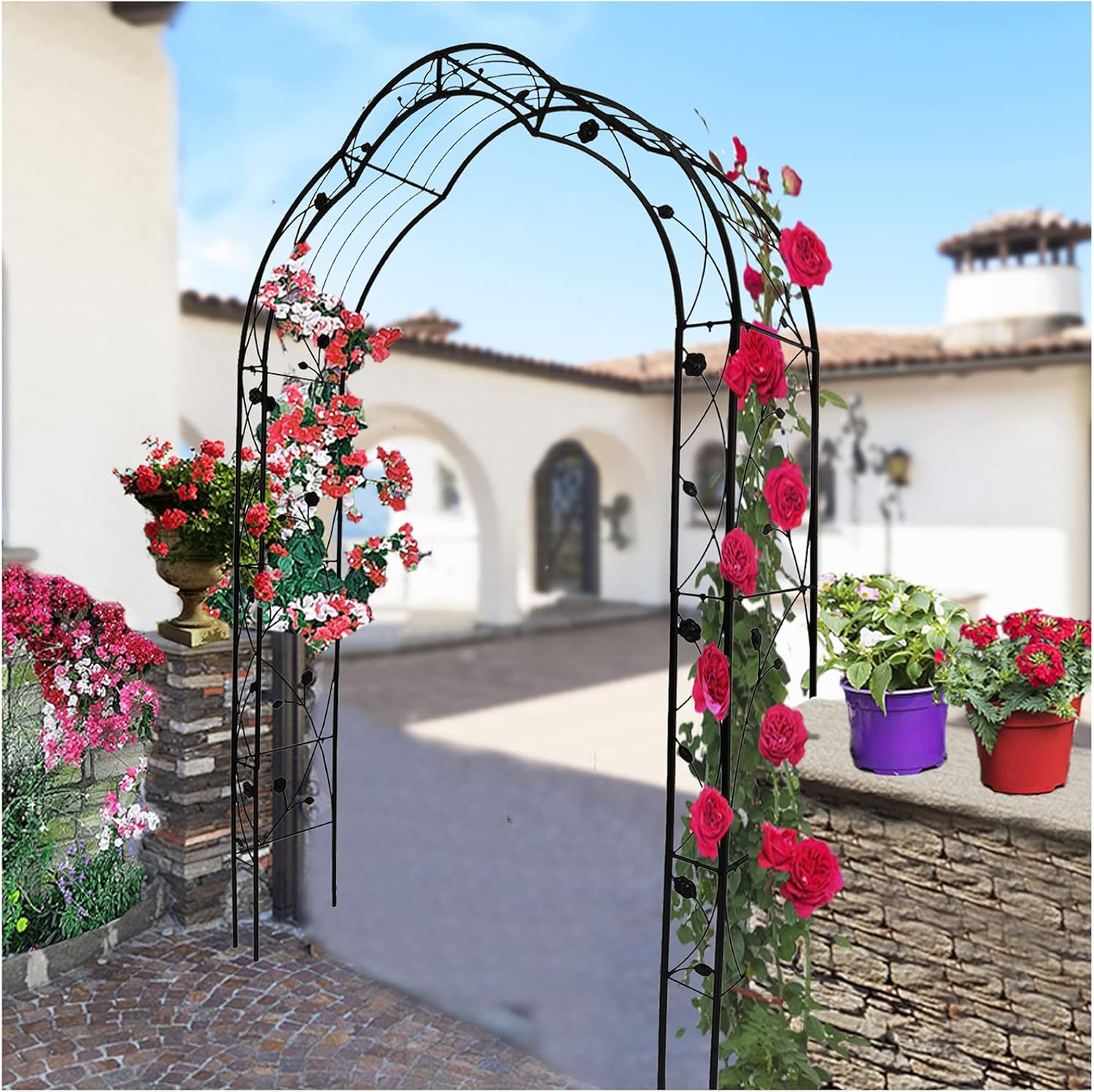 Metal Garden Arch Heavy Duty Iron Arbor Trellis Arbor Archway, Easy to Assemble & Stable Structure, Outdoor Archway with Trellis Wall for Climbing & Hanging Plants, Ceremony Decoration,59×15.3×98.4in