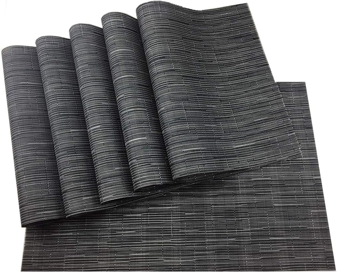 Gugrida Exquisite Woven Vinyl Placemats for Dining Table Heat Resistant PVC Table Mats (Pack of 6, Black)