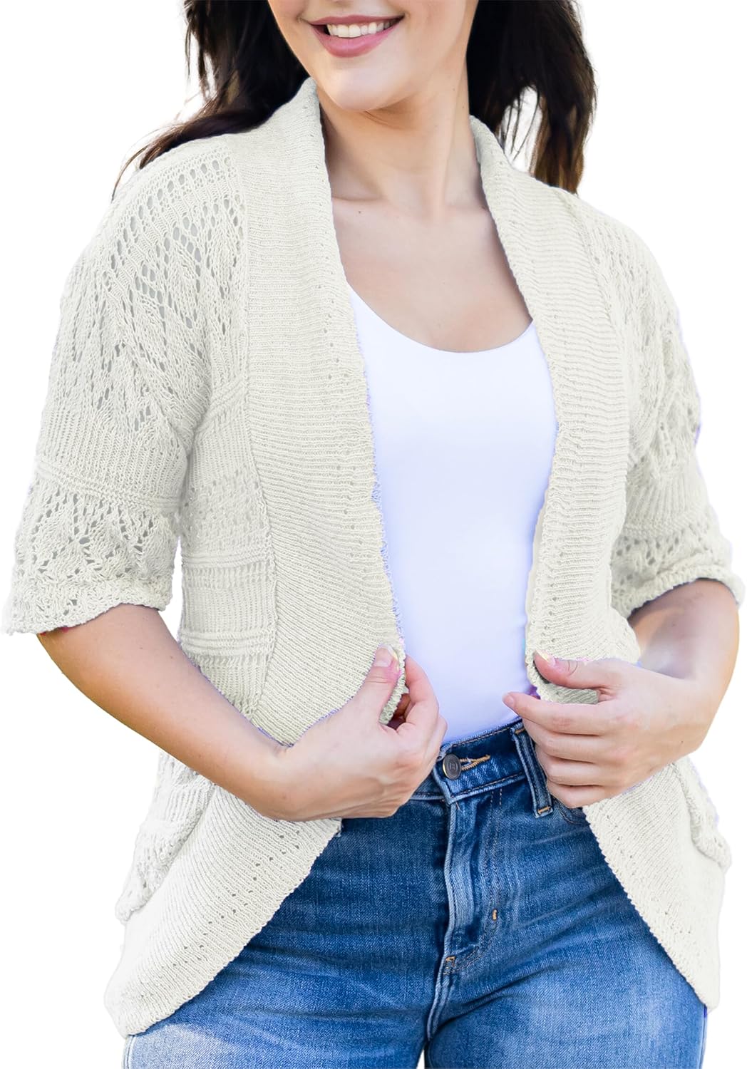Loxdonz Women's Short Sleeve Crochet Knitted Bolero Shrug Cardigan Cropped Sweater