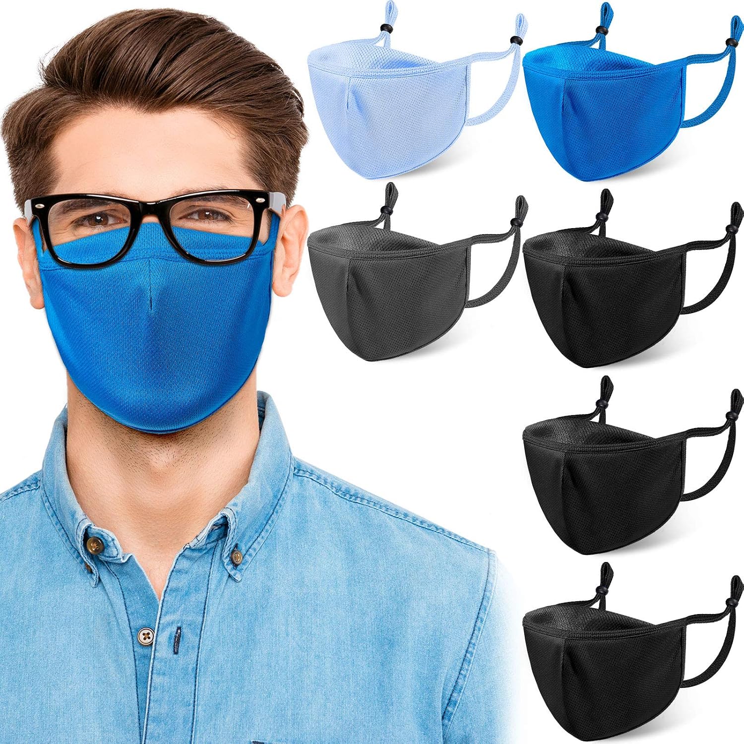 6 Pieces Washable Cloth Face Mask for Glasses Wearers with Adjustable Earloop Anti Fogging Mouth Protector Mask Man Woman (Black, Blue, Dark Gray, Light Gray)