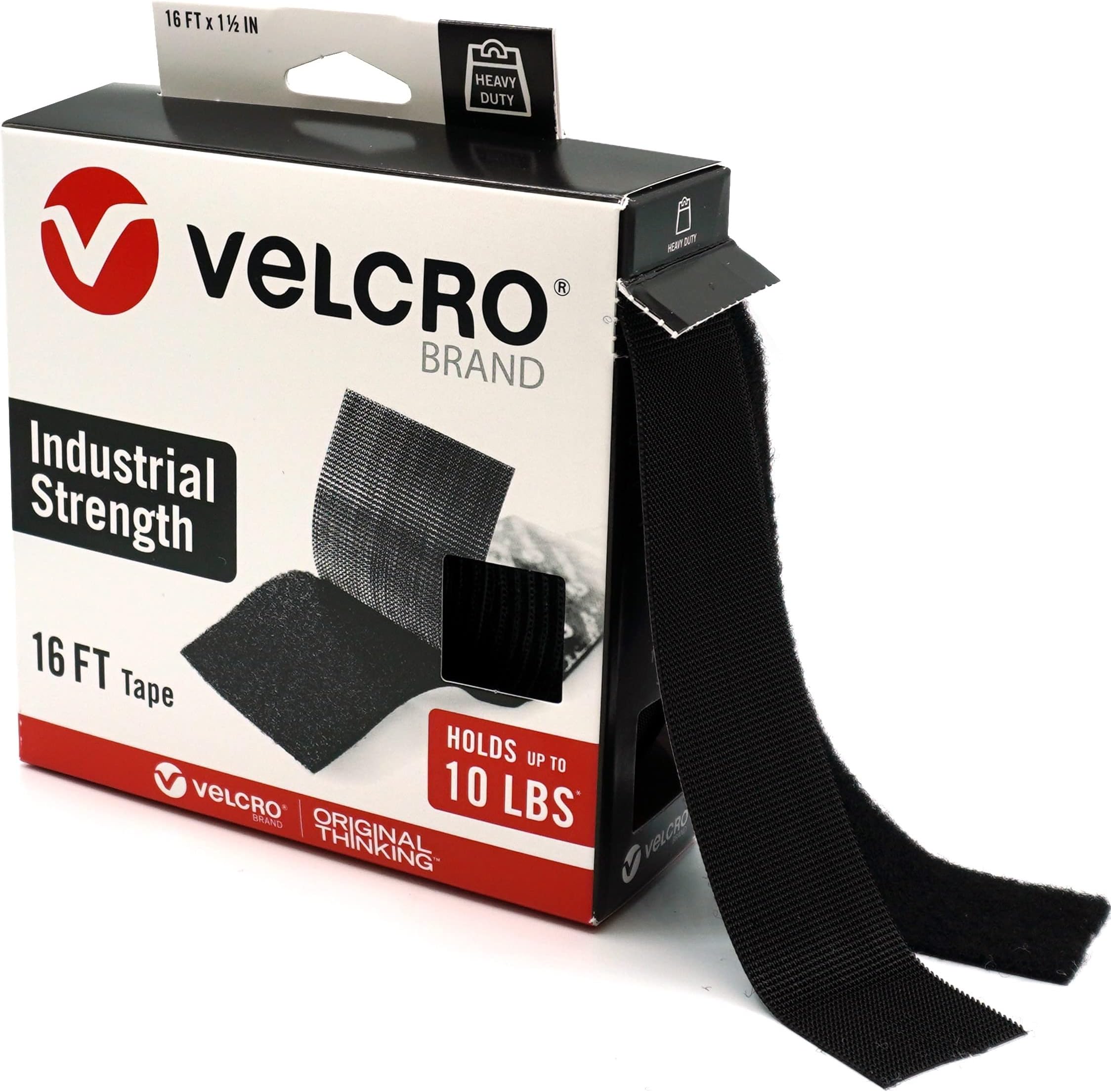 VELCRO Brand Heavy Duty Tape | 16 Foot Roll | Strong Sticky Back Adhesive Holds up to 10 lbs | Industrial Strength Fasteners for Indoor or Outdoor Use | 1-1/2in Width, Black