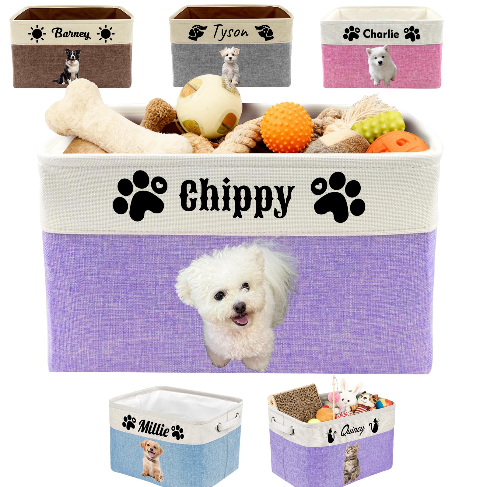 Bretonft Personalised Dog Toy Basket Custom Pet Basket with Name Logo Photo Customised Pet Toy Collapsible Organizer for Dog Cat Clothing Foods Dolls, Purple