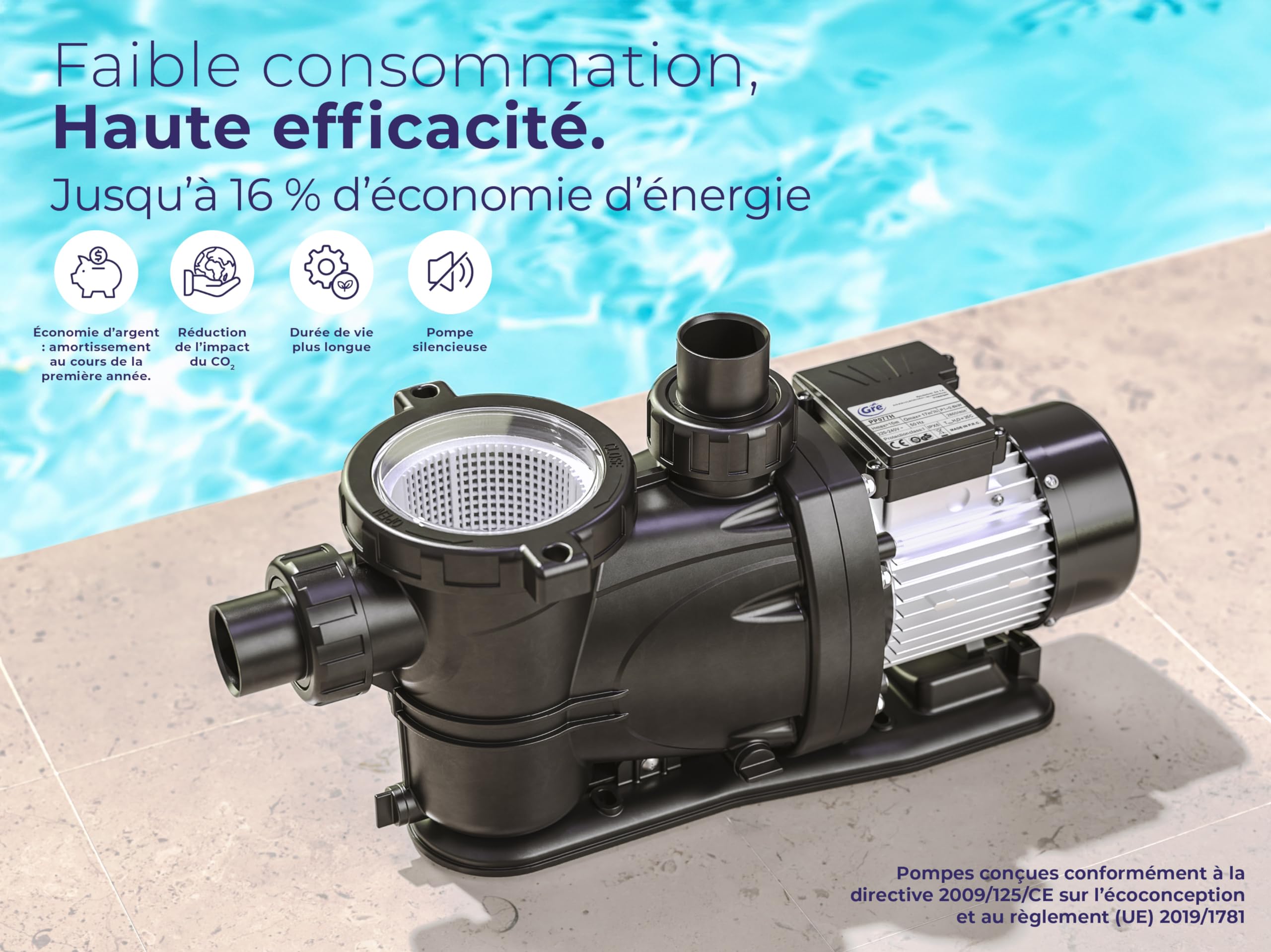 Gre PP202 - Pompe de filtration pour piscine, 1600 W, 27 000 l/h, conformément à la directive européenne sur l'écoconception, Jusqu'à 170 m3