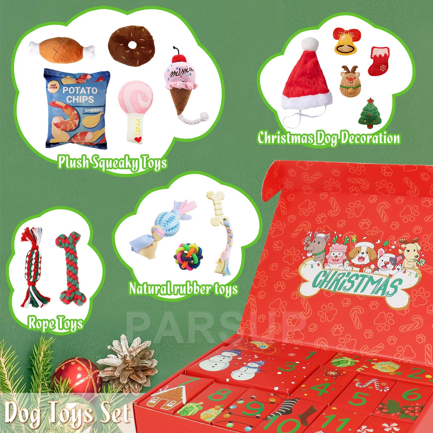 Calendrier de l'Avent 2025 pour chien, jouet de 12 jours, calendrier de Noël avec cordes à mâcher, jouets couineurs, jouets de dentition pour Noël, petit et grand chiot