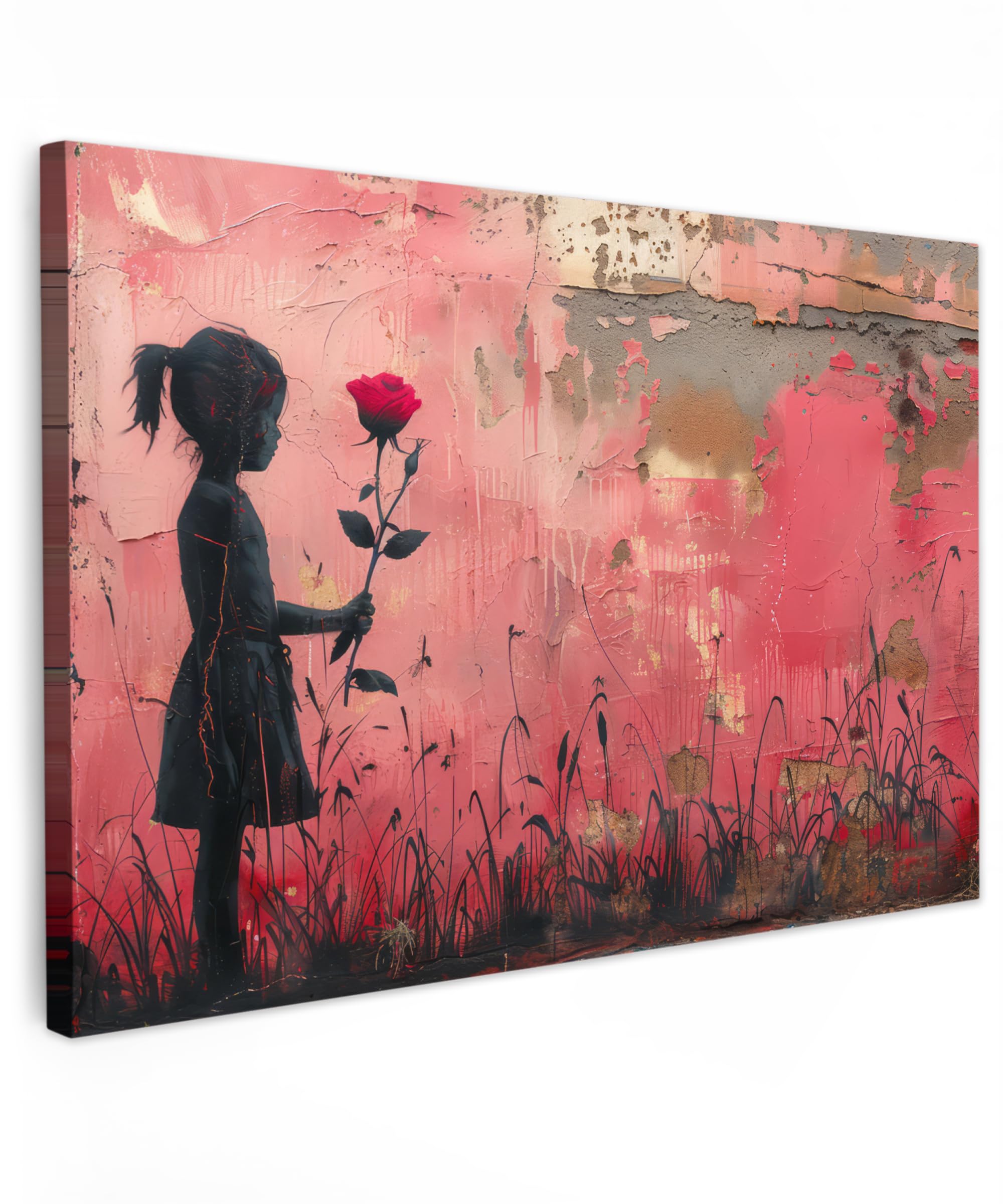 MuchoWow© Canvas Wall Art 12"x8" / 30x20 cm Decor Prints for Living Room Decorative Canvases Hall Artwork Graffiti - Girl - Pink - Street art - Rose - Banksy