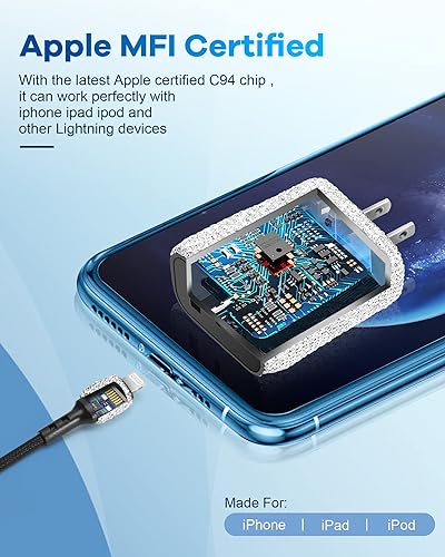 Miniatura 4 de Cargador rápido para iPhone, certificado Apple MFi Cargador de pared USB C brillante de 20 W PD + adaptador QC de doble puerto con cable Lightning