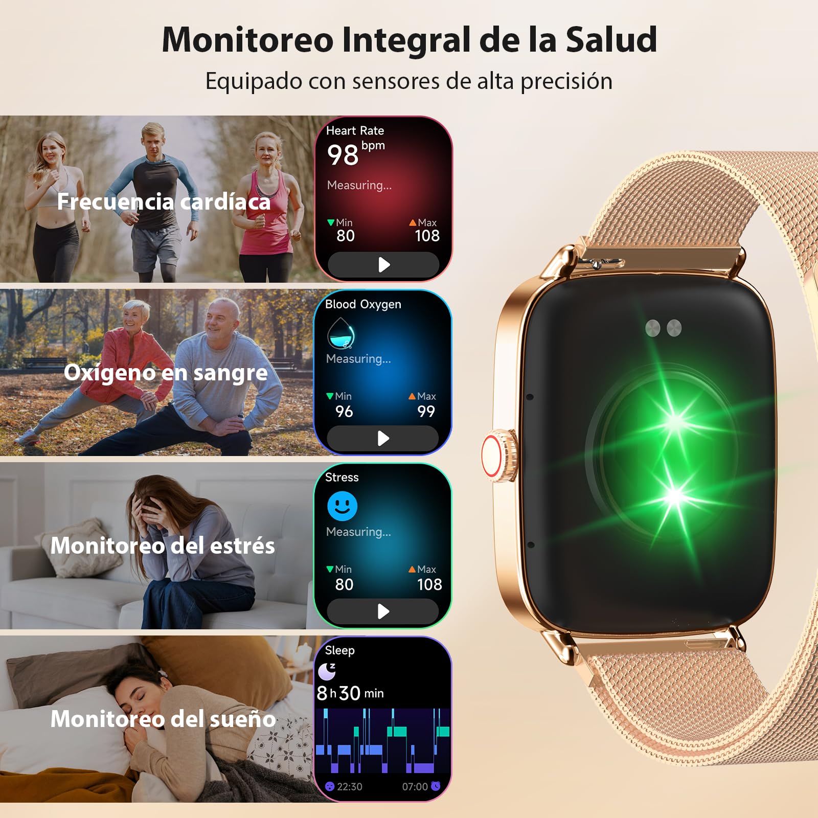 Yoever Reloj Inteligente Mujer, 1.85" Smartwatch Mujer con Llamadas y Whatsapp Notificación, SpO2/Pulsómetro/Sueño/Podómetro, 110 Modos Deporte, IP68 para Android iOS Dorado