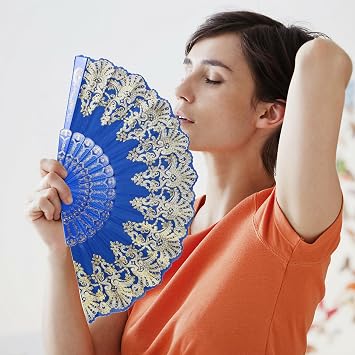 INNOLIFE Spanish Folding Retro Pattern Hand Fan for Women, Handheld Chinese Folding Fan Hand Fan for Party Dancing Wedding and Home Decoration (Blue)