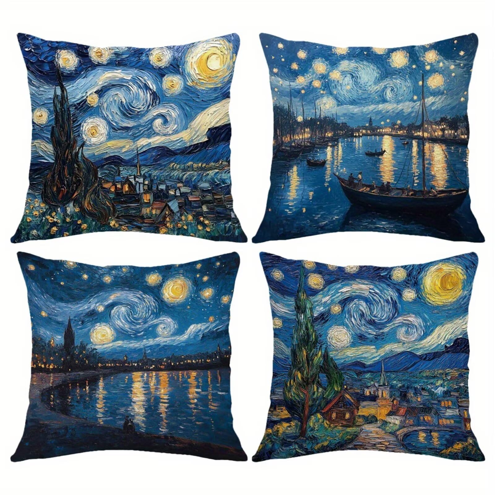 Funda de Cojines 45x45 cm, Juego de 4 Fundas Cojines Estampado Paisaje Nocturno Estrellado, Doble Cara, Decorativa Funda Almohada Lino para Dormitorio, Oficina, Jardín y Sofá