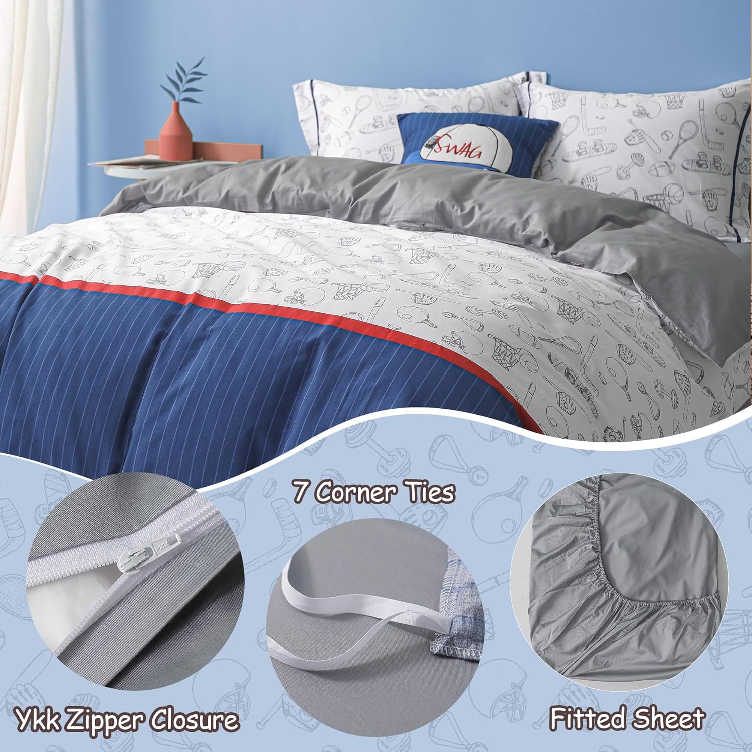 Simple&Opulence 100% Organic Cotton Duvet Cover for Kids Teens, 4 Pieces Soft Comforter Cover with Zipper Closure Cool Boy Girl Baseball Bedding Set - Sports, Full/Queen - Image 6