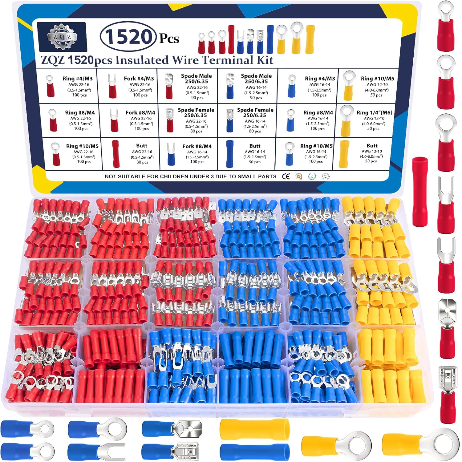 ZQZ 1520Pcs Electrical Crimp Connectors Kit, Insulated Wire Terminal Connectors, Assorted Wire Ends Terminal Kit Include Ring Fork Butt Spade Female Male Terminals, 3 Colors Wire Connectors Assortment