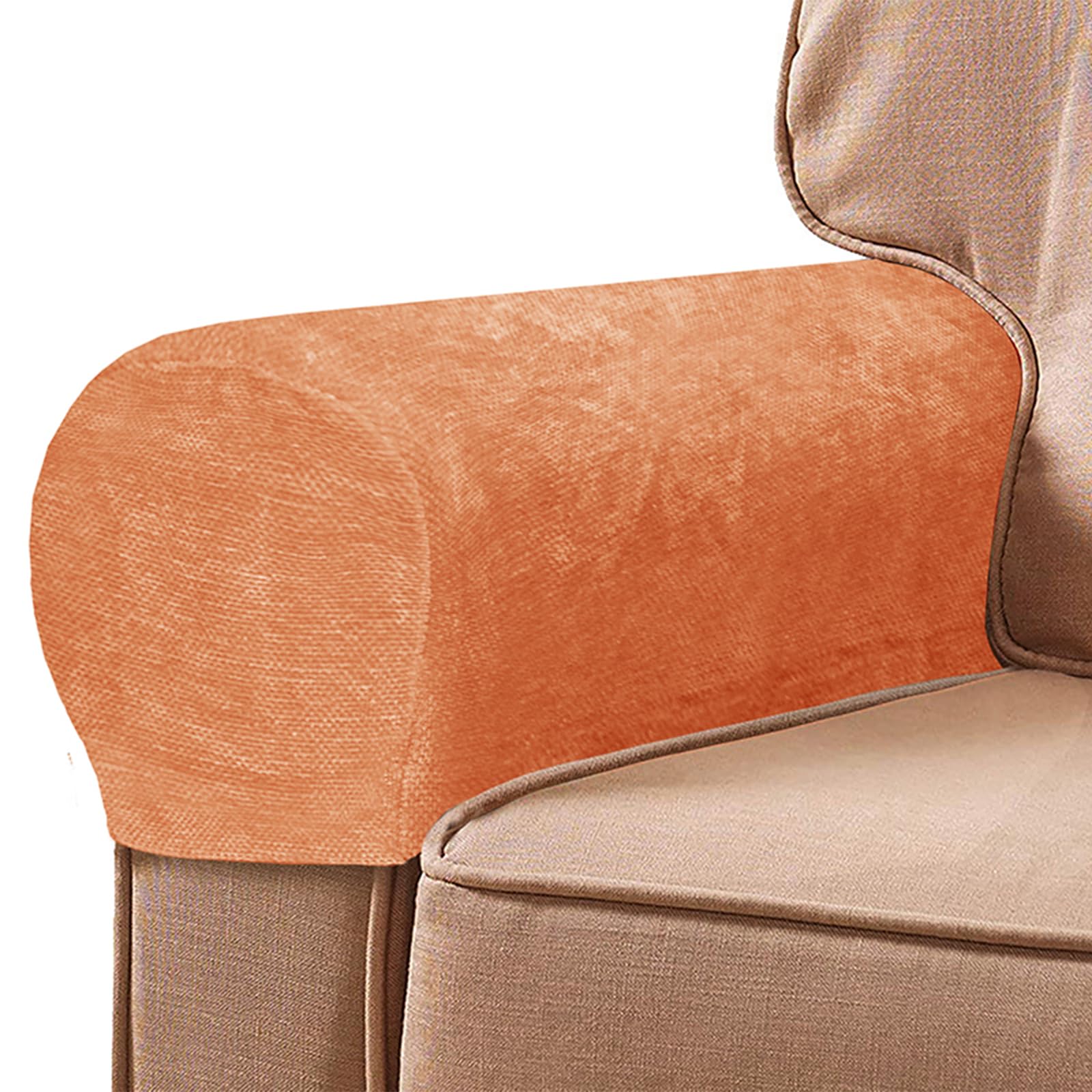 FUAAOLIY 2PCS Chenille Stretch Armrest Covers, Soft Arm Caps for Chairs Sofa Couch, Solid Color Non-Slip Arm Covers Furniture Protector Armchair Slipcovers for Recliner with Twist Pins (Orange)