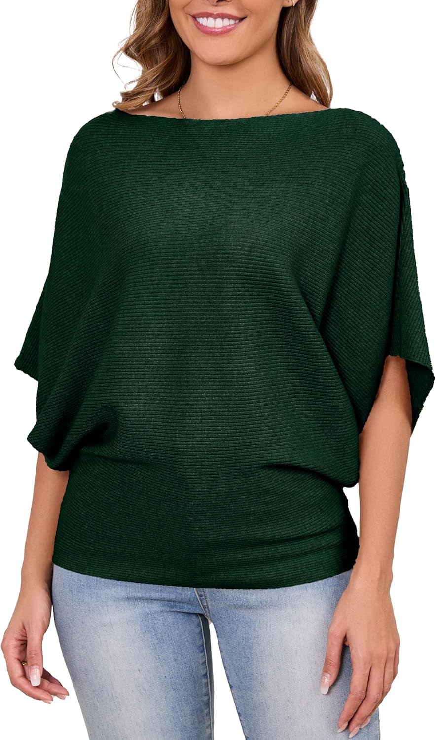 MAKARTHY Womens Batwing Sleeves Knitted Dolman Pullovers Boat Neck Tops Sweatershirts