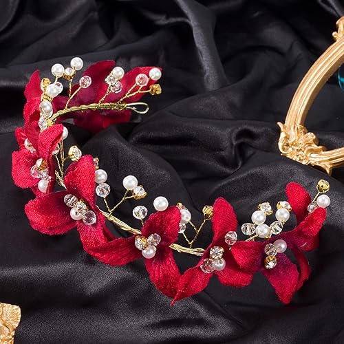 Miniatura 7 de ANCIRS Paquete de 2 diademas de corona de flores rojas para novia, coronas de rosas rojas con diamantes de imitación, accesorios para el cabello y