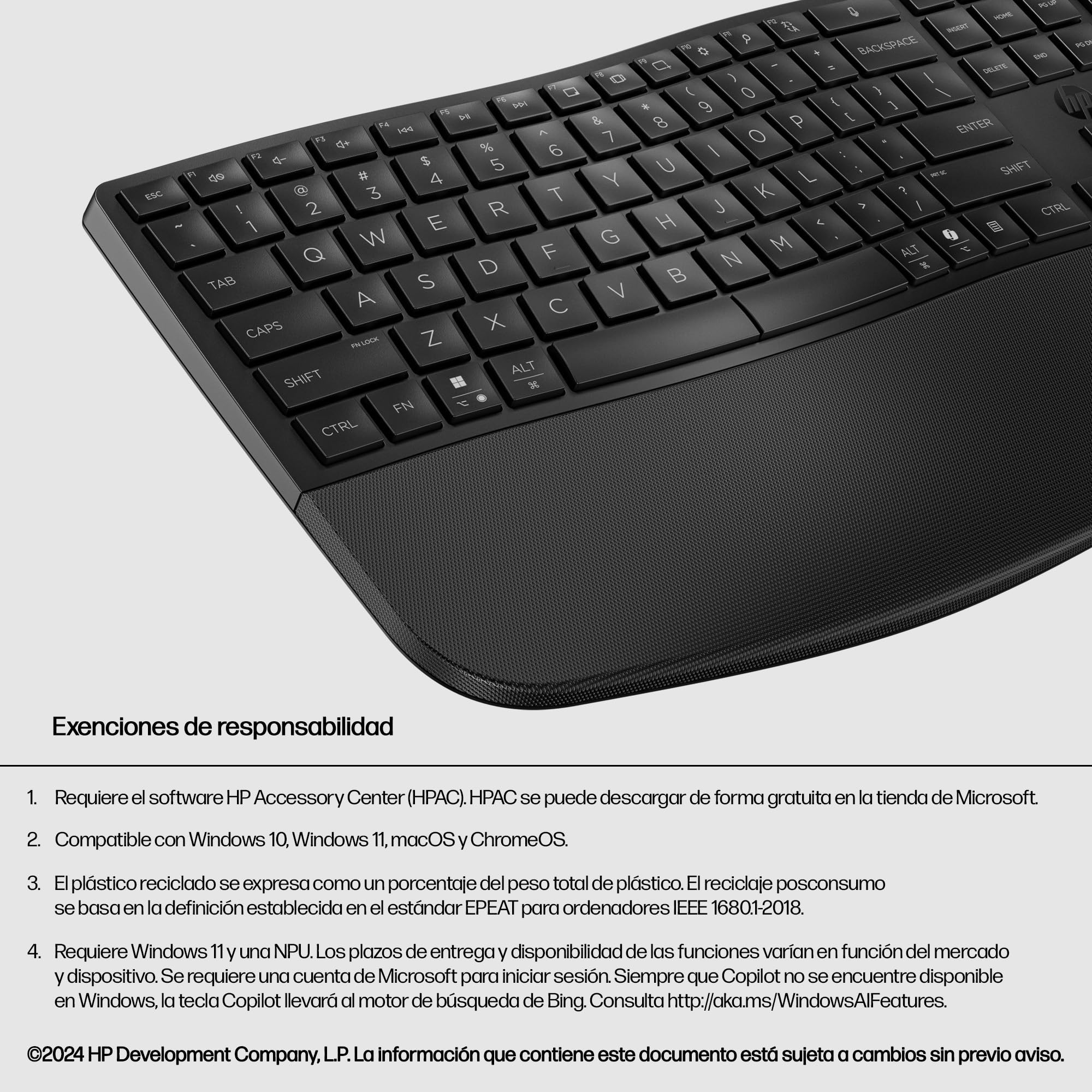 HP 680 Teclado QWERTY Español inalámbrico Dual, Ángulos de Escritura Ajustables, Teclas programables, Conectividad Segura, Diseño Compacto en Forma de Onda, Reposamanos Acolchado, Color Negro