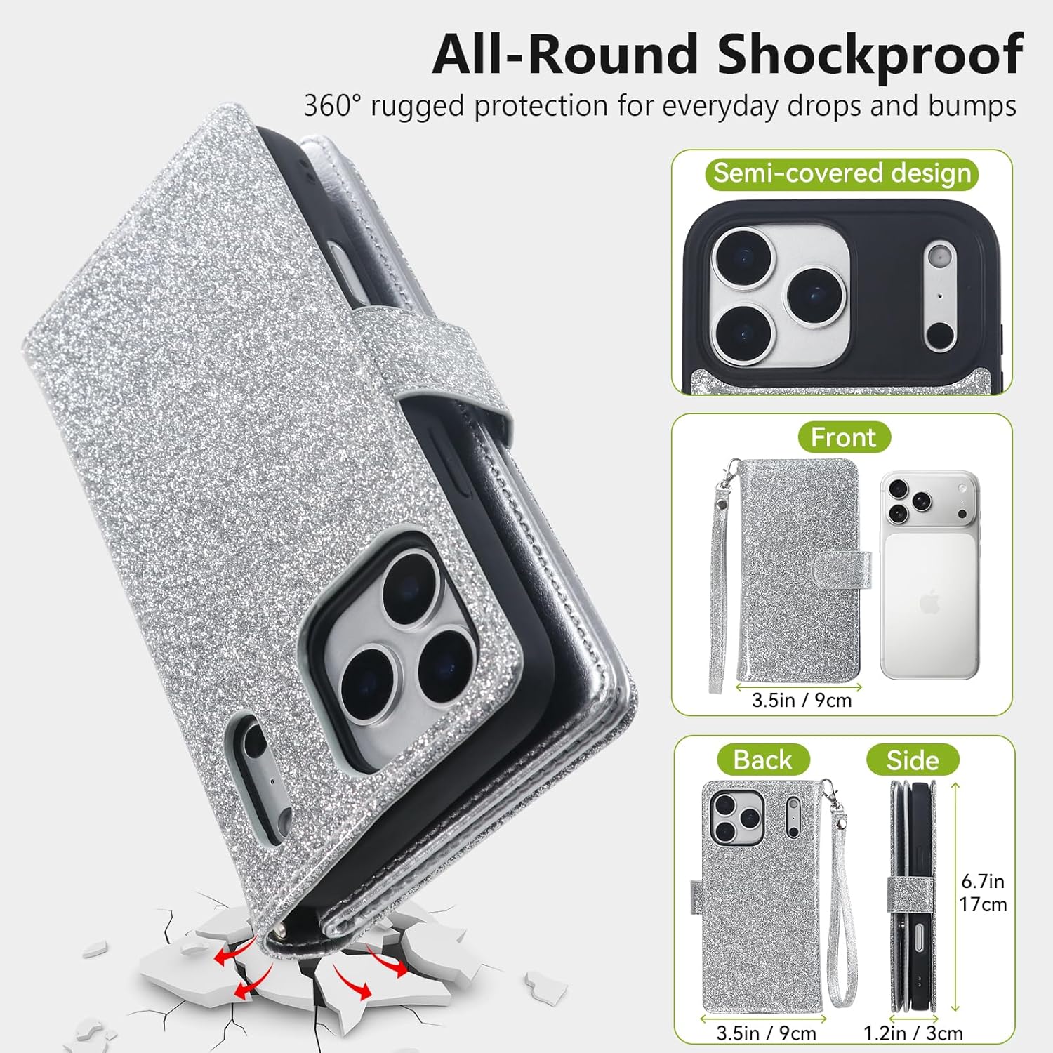 Varikke for iPhone 17 Pro Max Wallet Case Detachable with RFID Blocking Card Holder for Women, Glitter PU Leather Strap Magnetic Flip Removable Phone Case Cover for iPhone 17 Pro Max 6.9", Silver - Image 5