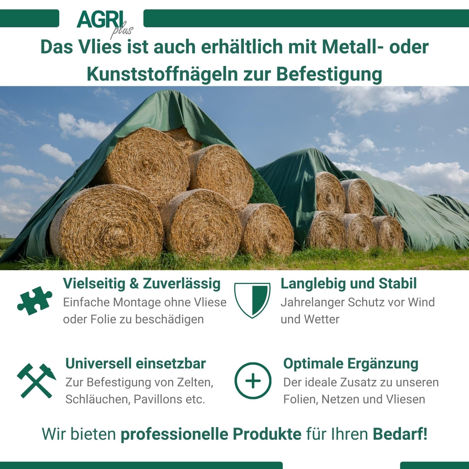 AGRI plus Strohvlies 9,8 x 6 m - ohne Nägel I Stabiles 140 g/m² Schutzvlies aus Polypropylen I Extrem reißfestes Heuvlies für langfristigen Schutz I Abdeckvlies wetterfest & UV-beständig